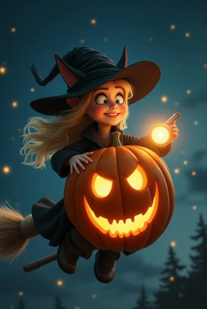 "A delightful Halloween scene featuring a young girl with a bright smile, wearing a classic black witch hat adorned with a purple ribbon and a small, silver buckle. She has a playful and joyful expression, with her eyes sparkling with excitement. The girl is holding a large, cheerful jack-o'-lantern pumpkin that she has carved with a friendly, grinning face. The pumpkin is glowing warmly from within, casting a soft light that highlights the girl's features and the intricate details of the carving. The background is a whimsical, softly blurred autumn scene with hints of falling leaves and subtle Halloween decorations like floating bats and twinkling stars. The overall color palette is rich with Halloween oranges, blacks, and purples, creating a festive and enchanting atmosphere."