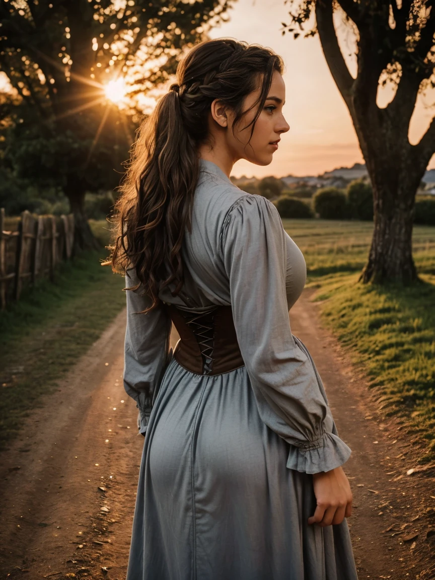 Gorgeous and sultry busty athletic (thin) brunette peasant with sharp facial features wearing a modest updo, messy bun, medieval hair cover,jeans plomo, rough-spun grey and brown medieval dress, long sleeves, wide neck, long dress, tight bodice, corset, Middle Ages, cottage, farm, exterior, trees, countryside, evening, sunset.((take it from behind ))(((round ass))) (((mirando por encima del hombro a la camara)))