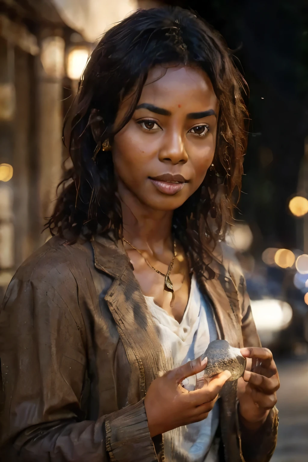 a man , with shoulder-length hair , woman, brown skin color, Face of a more mature person, holding a magic stone ,  image of a city in the slightly blurry background ,  lighting only in the boy who is holding the magic stone,  with a surprised face 