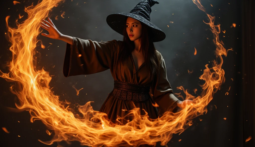 very beautiful girl as a witch her eyes glowing red as she casting fire magic, performing at dark stage, magic particles, full body photography, dynamic pose, blazing flame,, ,score_9, score_8_up, score_7_up, score_6_up,, ,masterpiece, best quality, intricate detail,