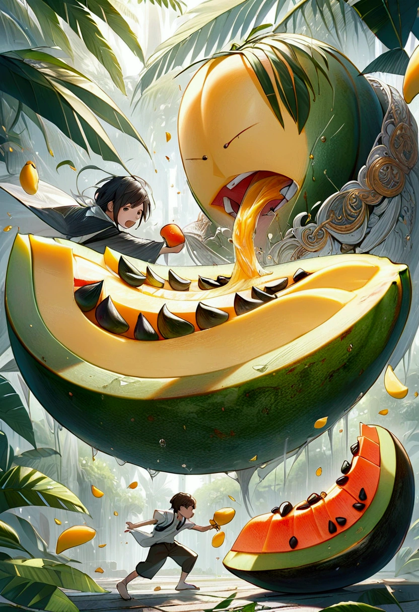 A mango and a papaya fighting