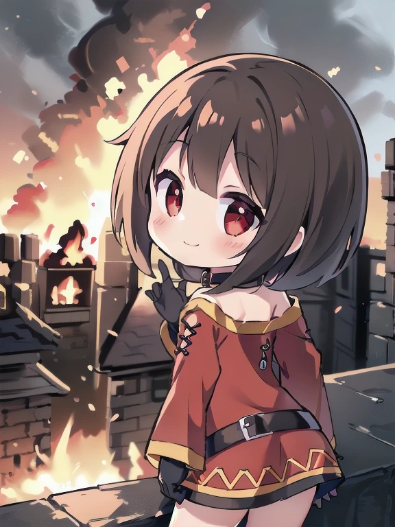 ((masterpiece)), (best quality, highres), 1girl, red eyes,short hair,brown hair,choker,short hair with long locks,sidelocks,red dress,black gloves, from behind, looking at viewer, explosion, IncrsDisasterGirlMeme, fire, smile, outdoors, Megumin, (chibi style), castle, (medieval theme)