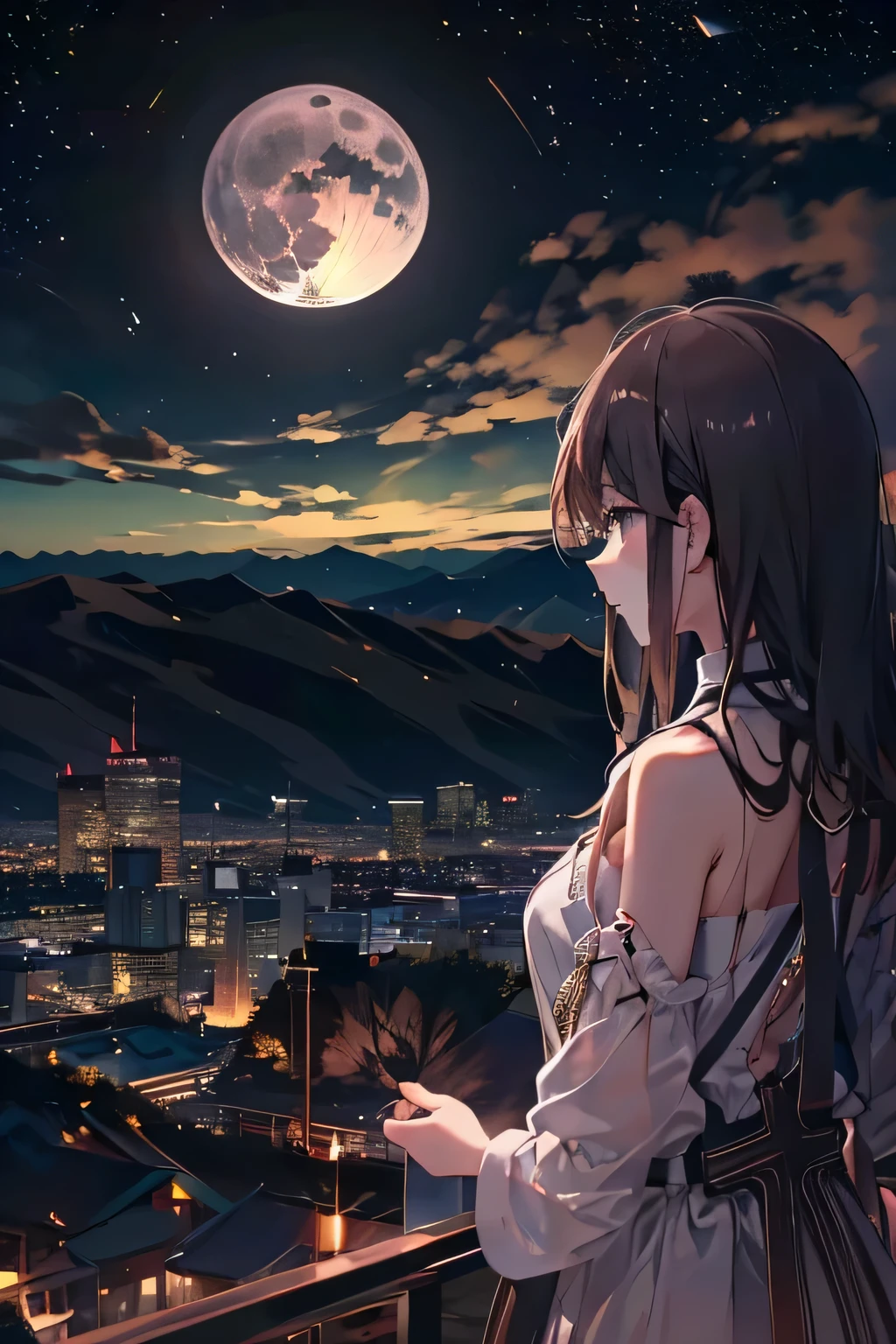 Full moon night。Detailed and delicate night view of the city 。 Back view of a beautiful girl with dark hair and brown eyes looking at a burnt picture from a hill。Beautiful eyes、Delicate eyes