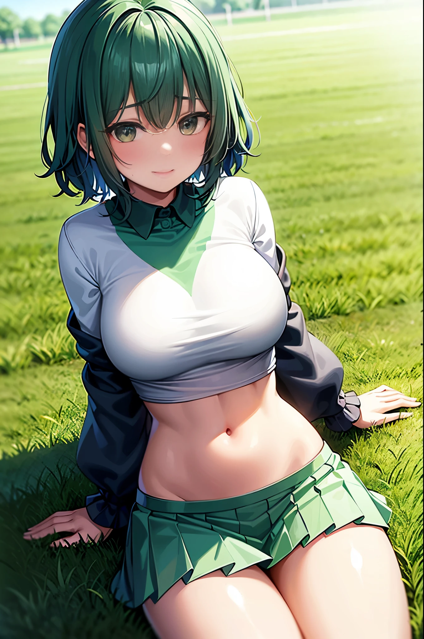 (background)Soccer Stadium Early Summer Night Sky on the Lawn  ( soccer uniform ) Tokyo Verdi Verdi Green Uniformwear Pioneer Gold Cuffs Shine White Uniform Pleated Skirt Sweaty Stomach Exposed, Belly Exposed  (Character) White Beautiful Girl Supporter Platinum Mint Green Hair Wave Hanging Short bob hair, straight bangs, big breasts, slender model figure, thin thighs, tight waist, long legs, long smirking smile, highly transparent platinum mint green colored eyes ( posing )  Girls Sitting Their Skirts Expanding Their Legs Can Be Seen White Sheer Panties 