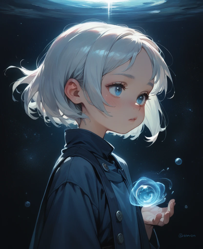 ren with silver hair and blue eyes, Magic of water and space time