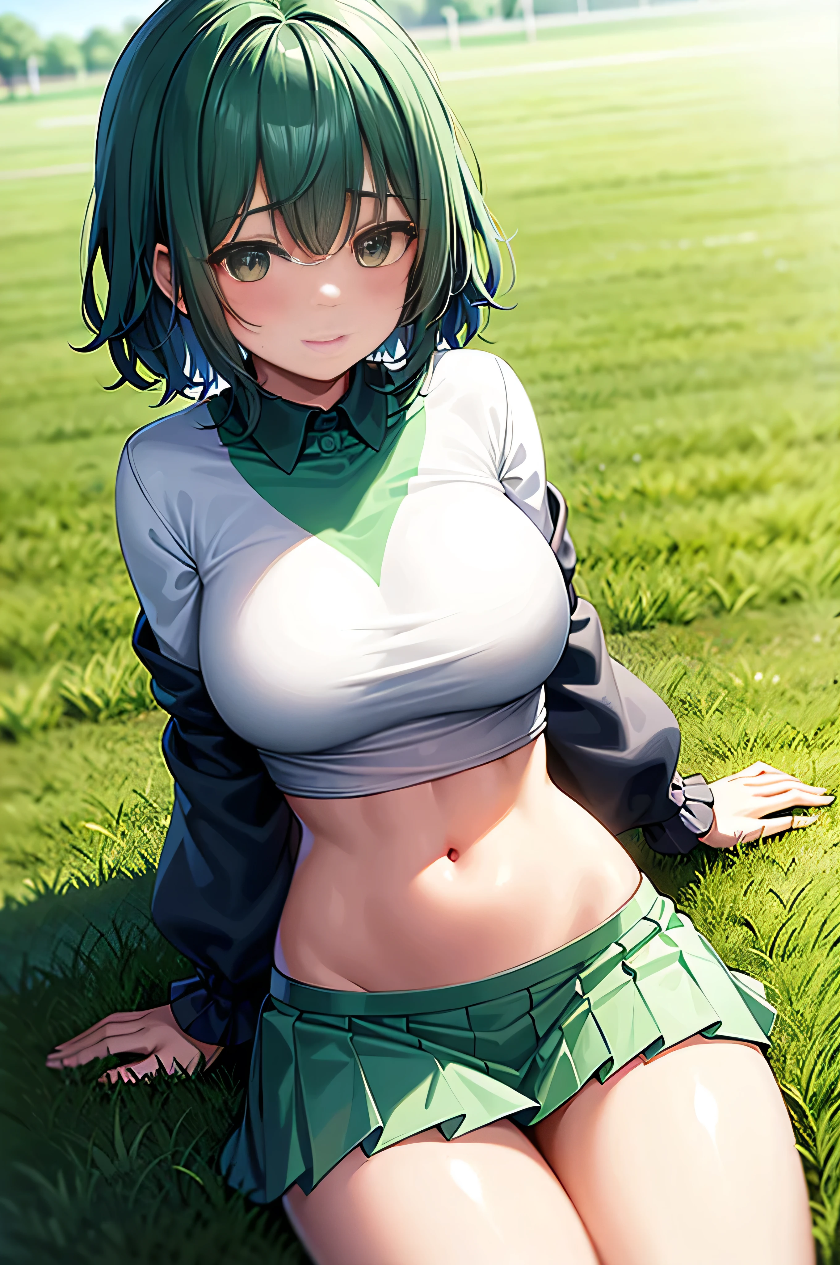 (background)Soccer Stadium Early Summer Night Sky on the Lawn  ( Soccer Jersey) Tokyo Verdi Verdi Green Uniformwear Pioneer Gold Cuffs Shine White Uniform Pleated Skirt Sweaty Stomach Exposed, Belly Exposed  (Character) White Beautiful Girl Supporter Platinum Mint Green Hair Wave Hanging Short bob hair, straight bangs, big breasts, slender model figure, thin thighs, tight waist, long legs, long smirking smile, highly transparent platinum mint green colored eyes ( posing )  Girls Sitting Their Skirts Expanding Their Legs Can Be Seen White Sheer Panties 