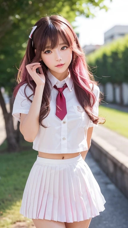 1girll,Twin-tailed,Colorful hair,Flying,pink bows,16-year-old female model,Side,Thigh、school uniform laser、Navy blue、Mini Pleated Skirt、Blue checked skirt、Colossal tits、kawaii、realisitic、pantiy、Idol、top-quality、Sit up、Panchira、Legs open、Smile、