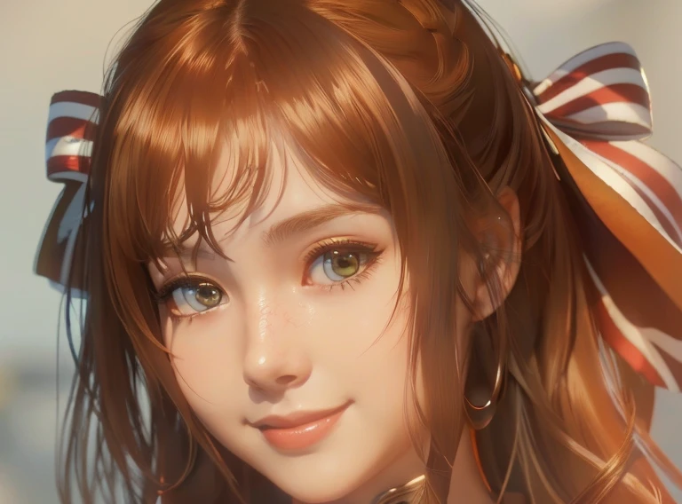 a young woman in her 20s(perfecta).  Of English and American origin  (perfecta), a small part of Asia  (beautiful,elegant),  extremely detailed 8k wallpagapager CG unit),(master page  ), (  Best quality), (  ultra-detailed  ), (  best illustration ),(Best shadow), cowboy shot, Standing, beautiful smile. Autumnal dark copper orange hair 