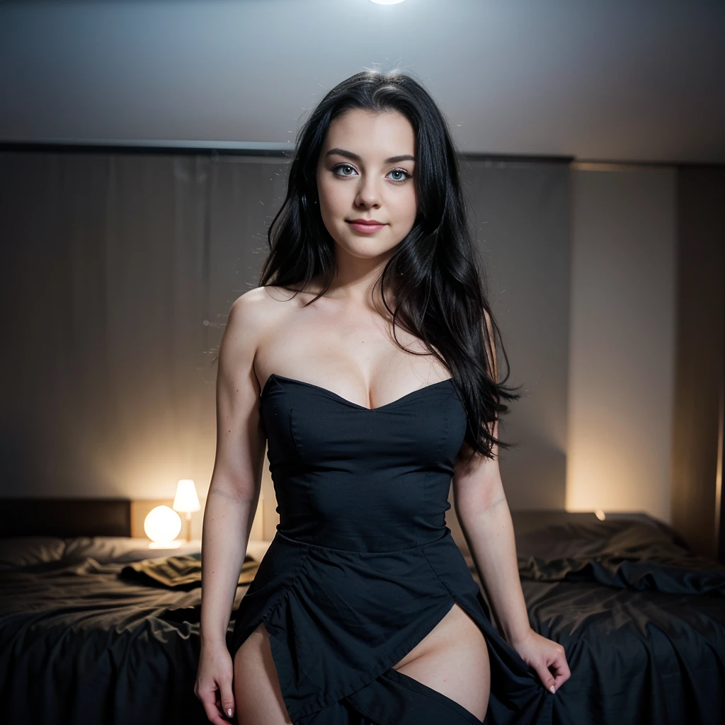teen russian girl with black long smooth hair with bangs wearing a black mini dress with thin strap inside a modern bedroom inside a modern mansion, a vibe of luxury and wealth, luxury Aesthetic, black aesthetic, Dark luxury Aesthetic