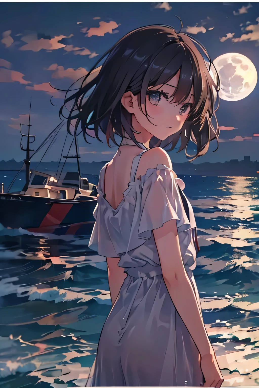 Full moon night。Night view of a detailed and delicate sea with fishing boats on the horizon 。 Rear view of a beautiful dark-haired, bob-cut girl with brown eyes seen from the breakwater。Beautiful eyes、Delicate eyes