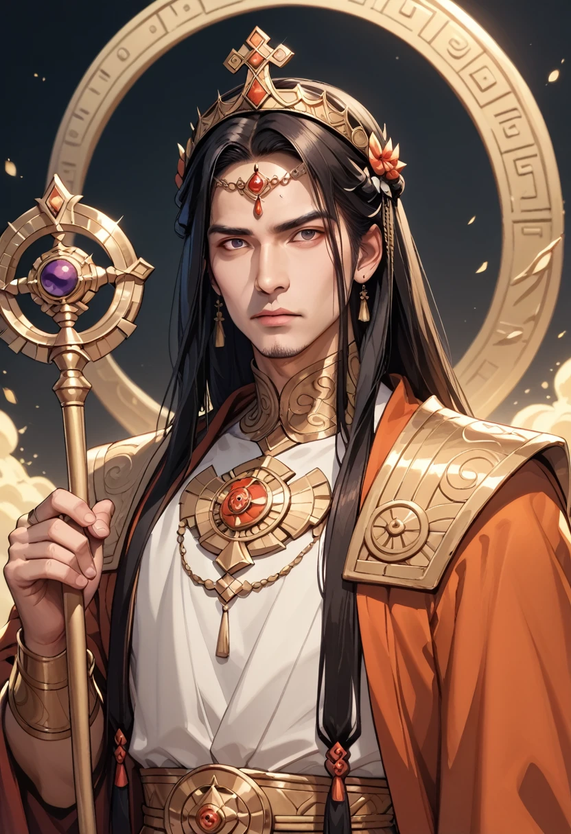 Qindao-Hui is a majestic deity who rules over earthly empires and the underworld. He is often depicted as an emperor dressed in golden imperial robes, wearing a majestic crown and holding a jade scepter. His personality is ruthless and domineering, combining aspects of Hades and Qin Shi Huang,8k high definition