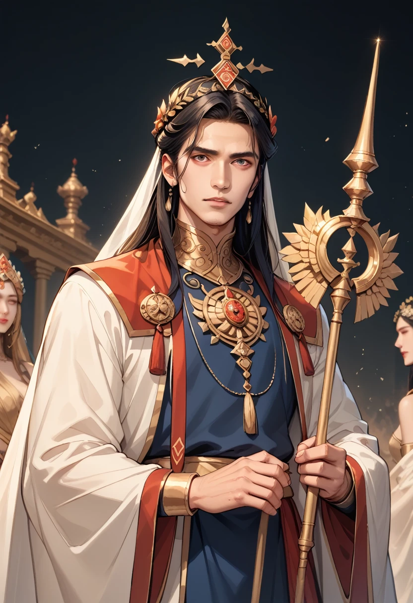 Qindao-Hui is a majestic deity who rules over earthly empires and the underworld. He is often depicted as an emperor dressed in golden imperial robes, wearing a majestic crown and holding a jade scepter. His personality is ruthless and domineering, combining aspects of Hades and Qin Shi Huang,8k high definition