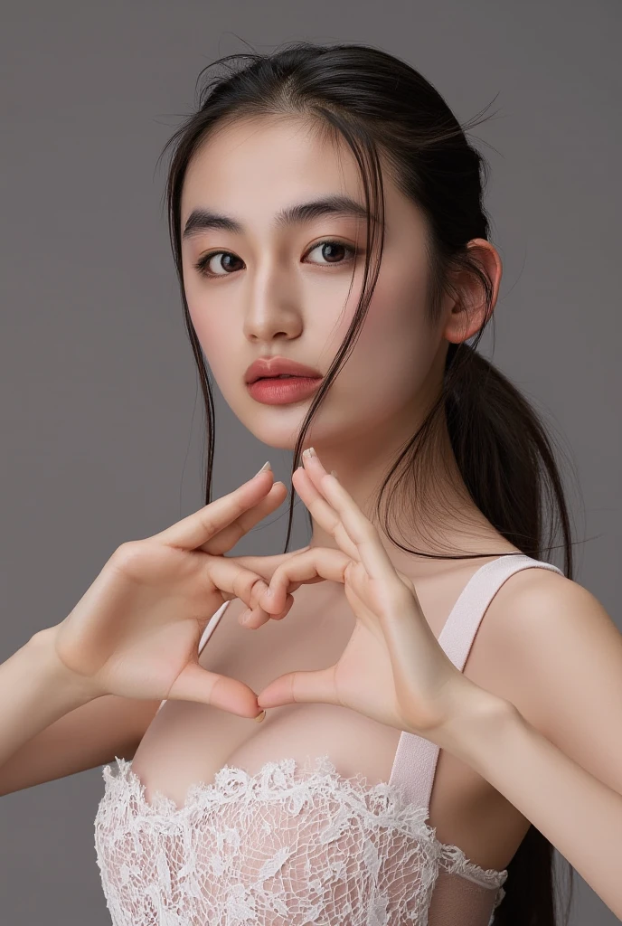 She is in a pose wearing a sexy camisole, making a firm big heart shape with both hands, and holding it in front of her chest, Cute smile up、Monotone background

