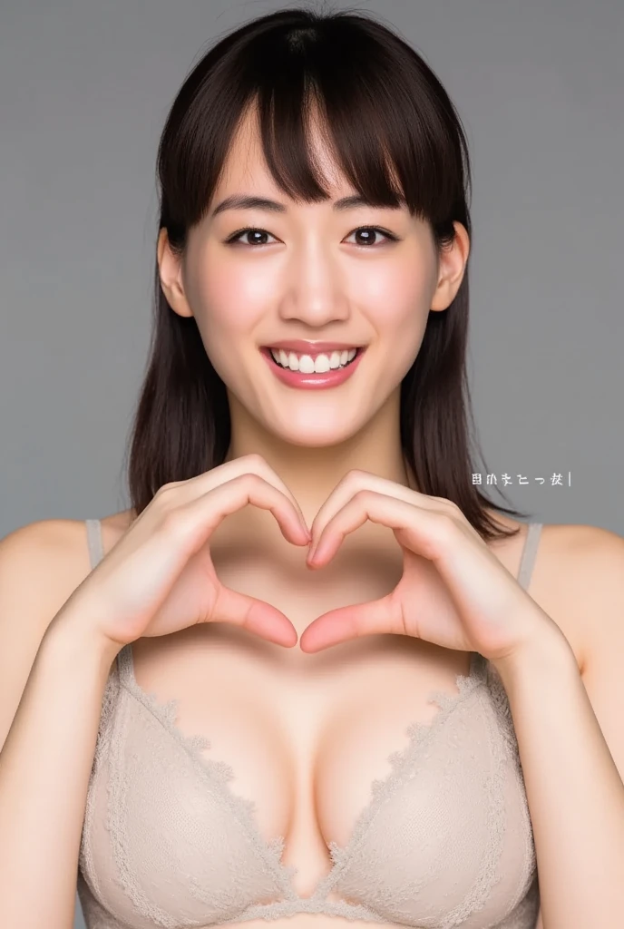 She is in a pose wearing a sexy camisole, making a firm big heart shape with both hands, and holding it in front of her chest, Cute smile up、Monotone background

