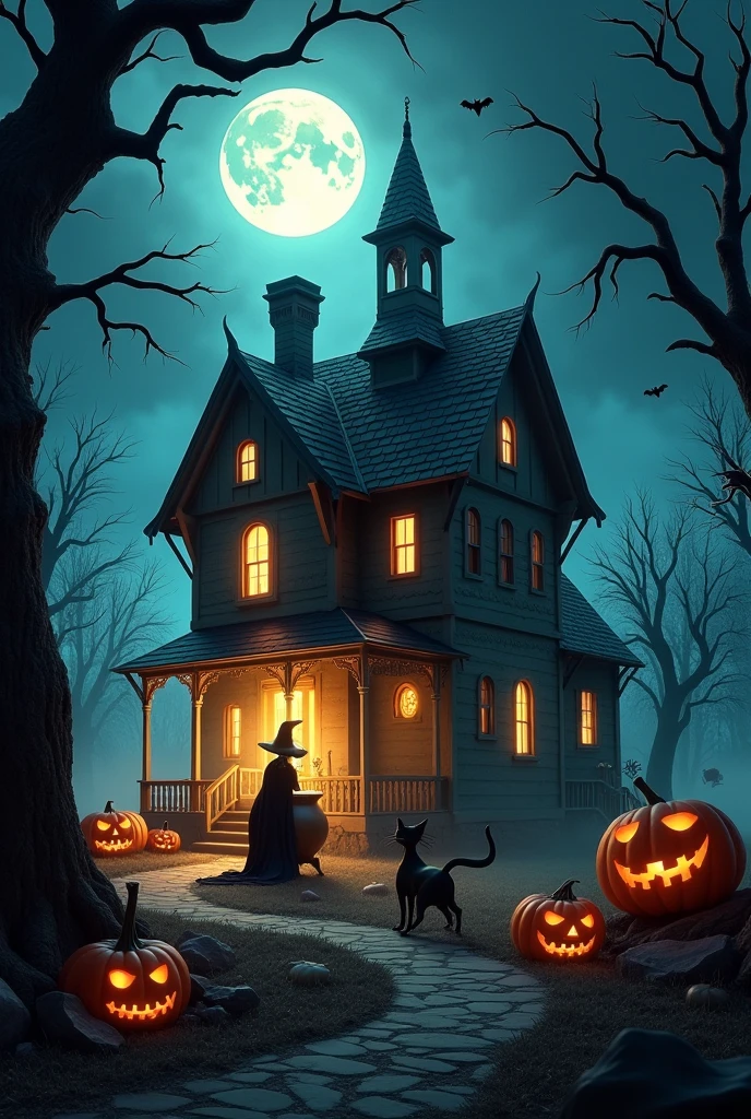 a spooky haunted house, dark and eerie atmosphere, full moon in the night sky, dead trees, fog, bats flying, jack-o-lanterns, cobwebs, a witch stirring a cauldron, a black cat, ghosts, (best quality,4k,8k,highres,masterpiece:1.2),ultra-detailed,(realistic,photorealistic,photo-realistic:1.37),horror,dark colors,dramatic lighting