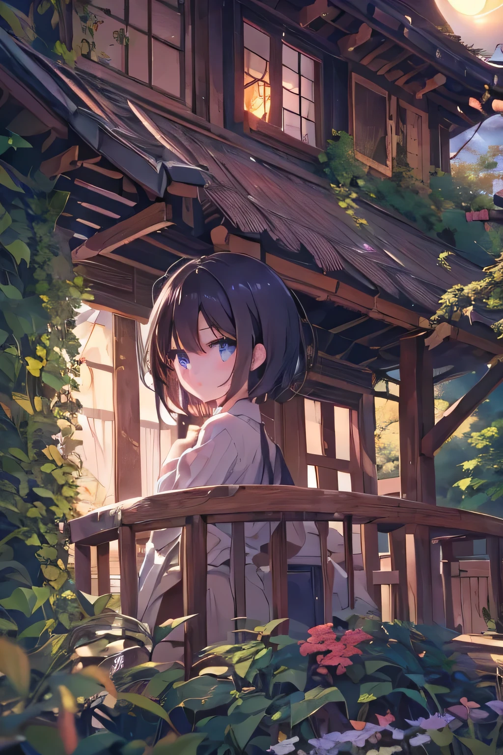 Full moon night。Forest Tree House 。Beautiful dark-haired, bob-cut girl with brown eyes looking at a panoramic view of the tree house and the forest。Beautiful eyes、Delicate eyes