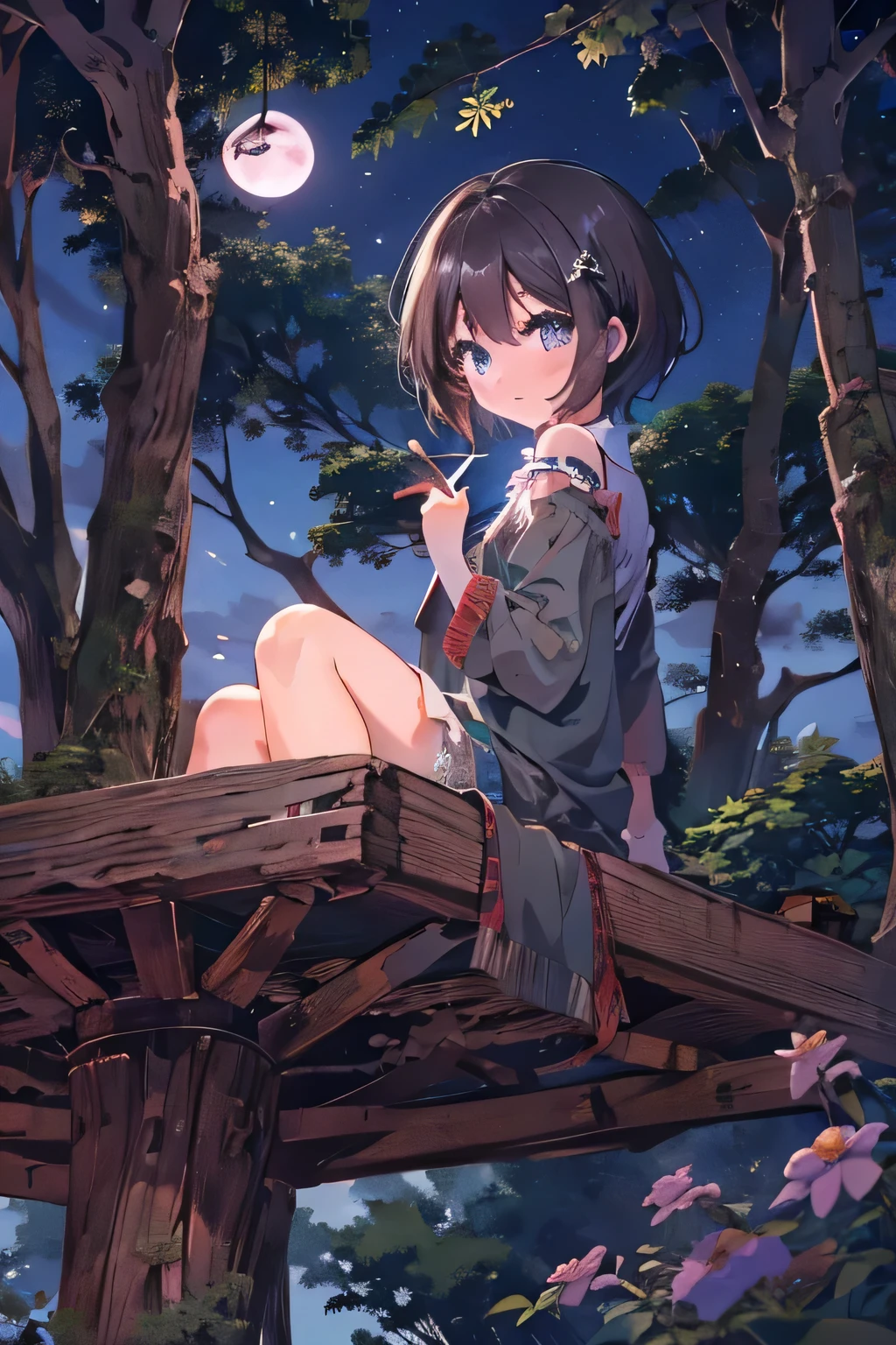 Full moon night。Forest Tree House 。Beautiful dark-haired, bob-cut girl with brown eyes looking at a panoramic view of the tree house and the forest。Beautiful eyes、Delicate eyes