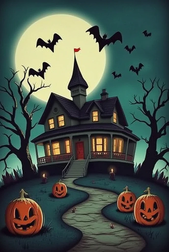 (best quality,4k,8k,highres,masterpiece:1.2),ultra-detailed,(realistic,photorealistic,photo-realistic:1.37),spooky haunted house,dark moody atmosphere,full moon,bats flying,pumpkins,cobwebs,creepy trees,haunted forest,jack-o-lanterns,eerie fog,old graveyard,flickering candles,haunted mansion,horror,gothic,dark fantasy