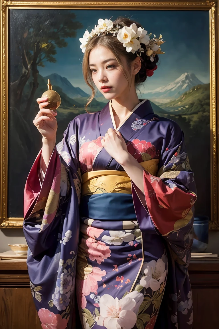 (masterpiece,  Focus on, Best Quality, Official Art, (  Beautiful and Aesthetic:1.4), (Oil painting:1.4) ),  (.5),  Goddesses appearing in Japanese mythology ,  Dignified Beauty , Goddess of Creation 、 Goddess of Life 、((((kimono))))、 Support for Reincarnation , God&#39;s Grace,  Gentle Meditative Expression , Flowing Heavenly Robe, Sparkle、  created every landscape and world on Earth,  Dazzling Light Dance ,  Whispers from ancient folklore  