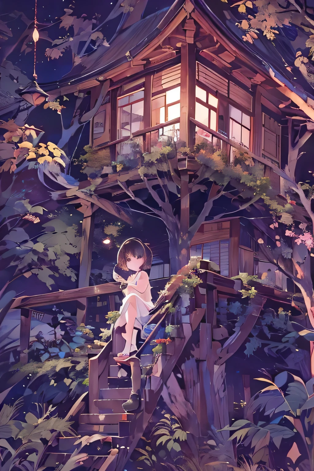 Full moon night。Forest Tree House 。Beautiful dark-haired, bob-cut girl with brown eyes looking at a panoramic view of the tree house and the forest。Beautiful eyes、Delicate eyes