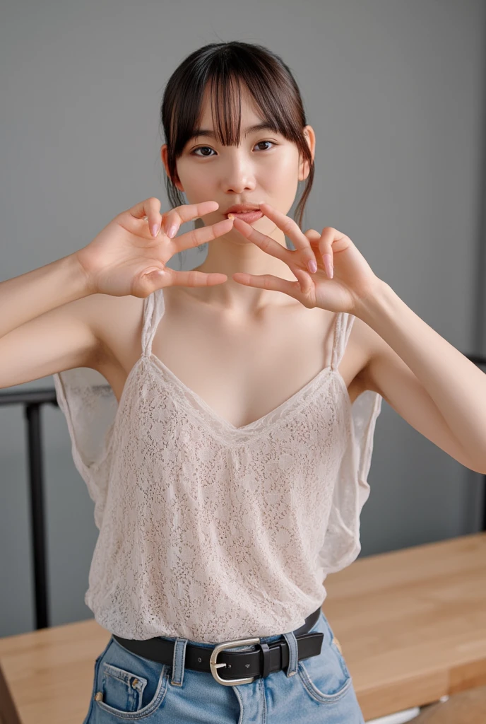 She is in a pose wearing a sexy camisole, making a firm big heart shape with both hands, and holding it in front of her chest, Cute smile up、Monotone background

