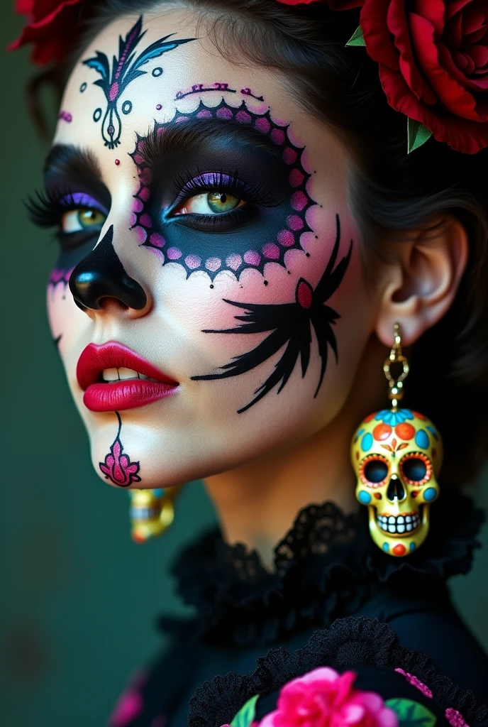 A mesmerizing, hyper-realistic close-up of a woman wearing intricate Mexican sugar skull makeup. Her fair skin contrasts with the dark and vibrant colors of the makeup, which includes black, deep purple, pink, neon, and turquoise blue. Her thin eyebrows arch elegantly, and her bright green eyes are accentuated by exaggerated mascara. An enigmatic smile adorns her lips, exuding mystery and confidence. The cinematic lighting creates depth and contrast, with a soft main source from the top left casting shadows on select facial areas. The subject wears an outfit featuring a mix of textures, patterns, and floral and geometric designs. Lace and velvet details highlight the stunning sugar skull earrings that harmoniously match her makeup. The overall atmosphere of the portrait exudes creativity and allure in the realm of photographic art., portrait photography, photo