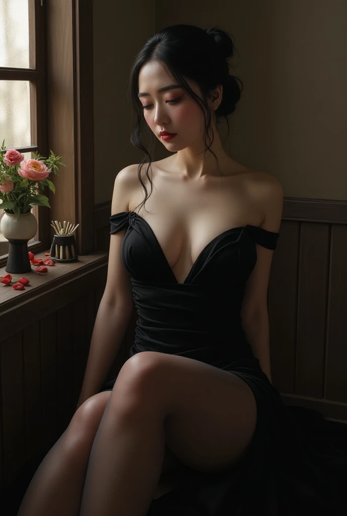 masterpiece:1.5, best quality:1.5, aesthetic, 1girl, sidelocks, cinematic lighting, sharp focus,large breasts , mature female, ,16k, glowing eyes, detailed 4k eyes, playground,seduction,sexy lips, parted lips,detailed lips, red lips, high detailed background,((slight purple eyes)), detailed face,shiny skin, auntjunev2,AuntJune, bangs, messy hair, pink lips,single hair bun, solo focus, s, cleavage, blush, dress, black dress, spaghetti strap, black hair, sandals, indoors, window, standing, sweat, bare shoulders, long hair, short dress, from below, frills, frock style,frills, frilled dress, partially visible ,