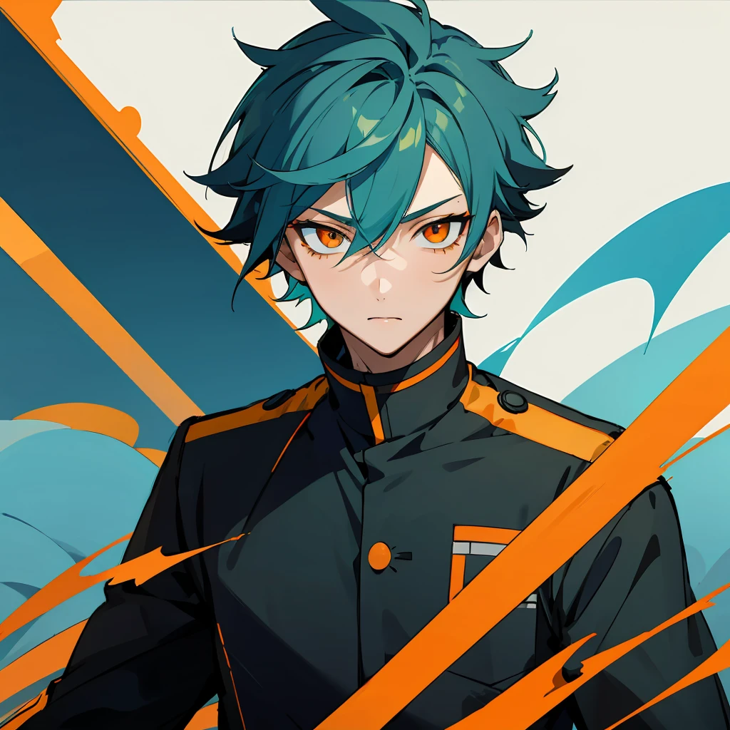 1 boy, Turquoise hair, orange eyes, black uniform, handsome, orange eye liner, high quality, high quality 