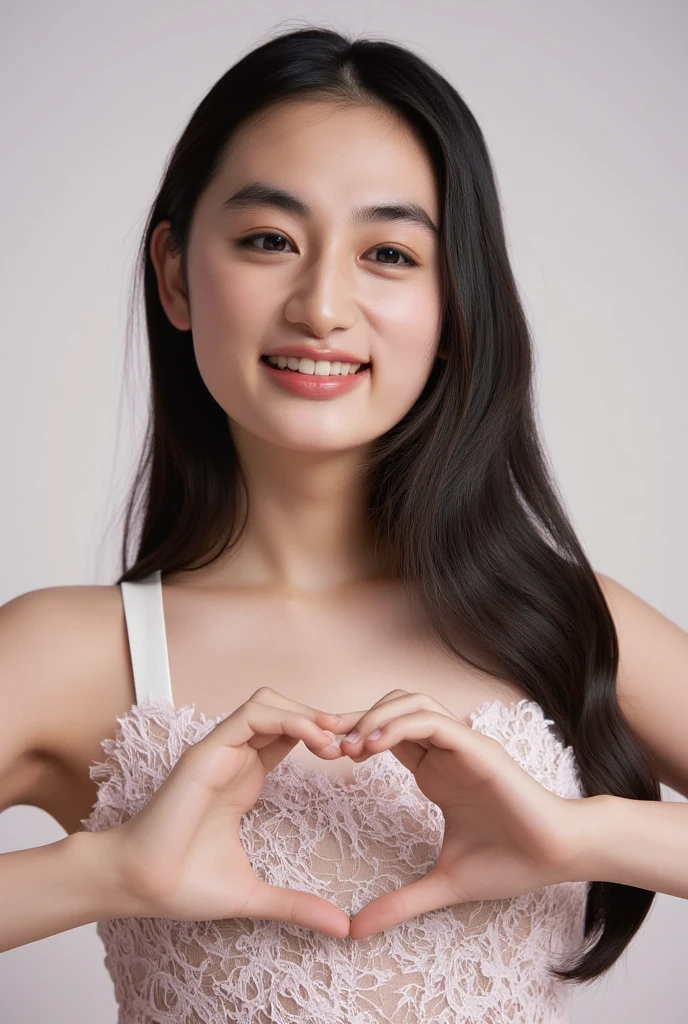 She is in a pose wearing a sexy camisole, making a firm big heart shape with both hands, and holding it in front of her chest, Cute smile up、Monotone background

