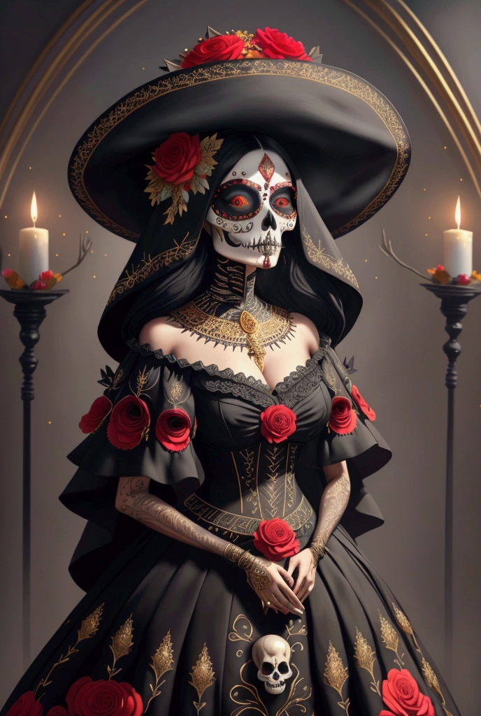 : " Generate an image of an ethereally beautiful Catrina and impressive elegance .  Her face is a masterpiece ,  with fine details of skulls and vibrant floral ornaments ,  maintaining a traditional color palette with touches of black , red, and golden.  She wears a perfectly outlined skull makeup that contrasts with her large and expressive eyes ,  enhanced by dark and seductive makeup .  Her hair is long, dark and wavy,  adorned with a wreath of fresh flowers and Mexican-style hat decorated with delicate embroidery and gold details that shine.  Her dress is a long suit of black lace and floral embroidery ,  tight to her figure and with an elegant flowing skirt .  The image must convey an air of serenity and respect ,  capturing the essence of the Day of the Dead .  hyperrealistic face , en 8K, full of fine details , photographic style,  masterpiece of dark beauty , soft and dramatic lighting. Hyper realistic and detailed, dressed very elegantly 