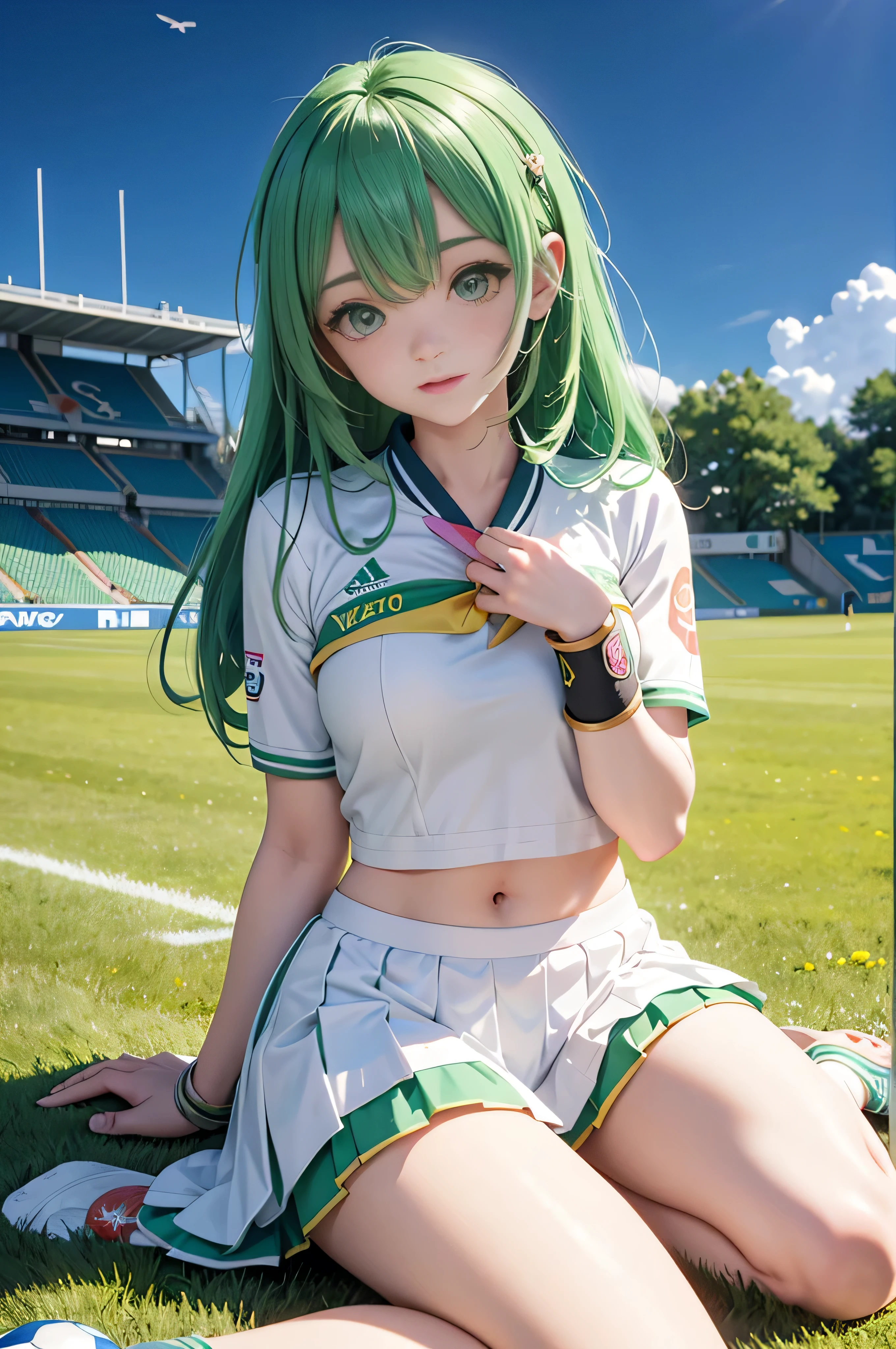 (background)Soccer Stadium Early Summer Night Sky on the Lawn  ( soccer uniform ) Tokyo Verdi Verdi Green Uniformwear Pioneer Gold Cuffs Shine White Uniform Pleated Skirt Sweaty Stomach Exposed, Belly Exposed  (Character) White Beautiful Girl Supporter Platinum Mint Green Hair Wave Hanging Short bob hair, straight bangs, big breasts, slender model figure, thin thighs, tight waist, long legs, long smirking smile, highly transparent platinum mint green colored eyes ( posing )  Girls Sitting Their Skirts Expanding Their Legs Can Be Seen White Sheer Panties 
