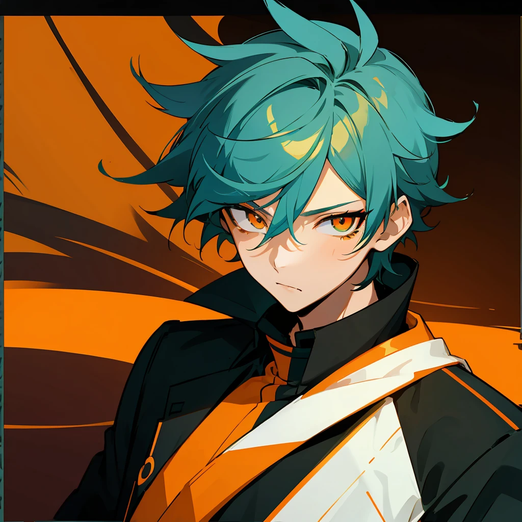 1 boy, Turquoise hair, orange eyes, black uniform, handsome, orange eye liner, high quality, high quality 