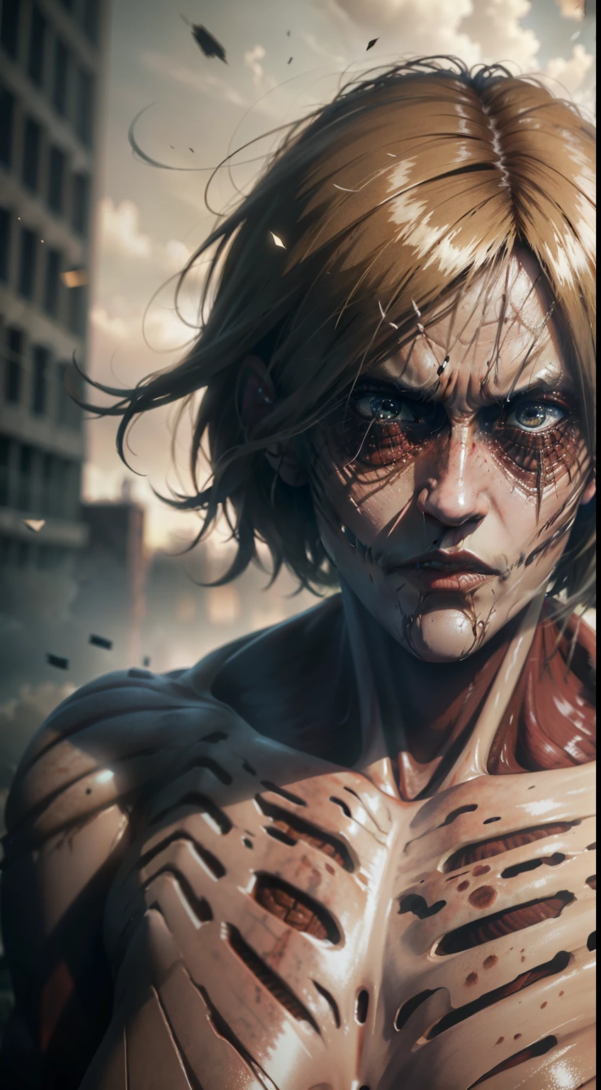 realista,textura realista, textura detalhada, 4k ,Attack on titan Annie, post apocalytic, female titan, bokeh, UHD, side lighting, ultra realistic, ray tracing, whole body, crashing, super mad, mad female titan, apocalyps, realistic titan,