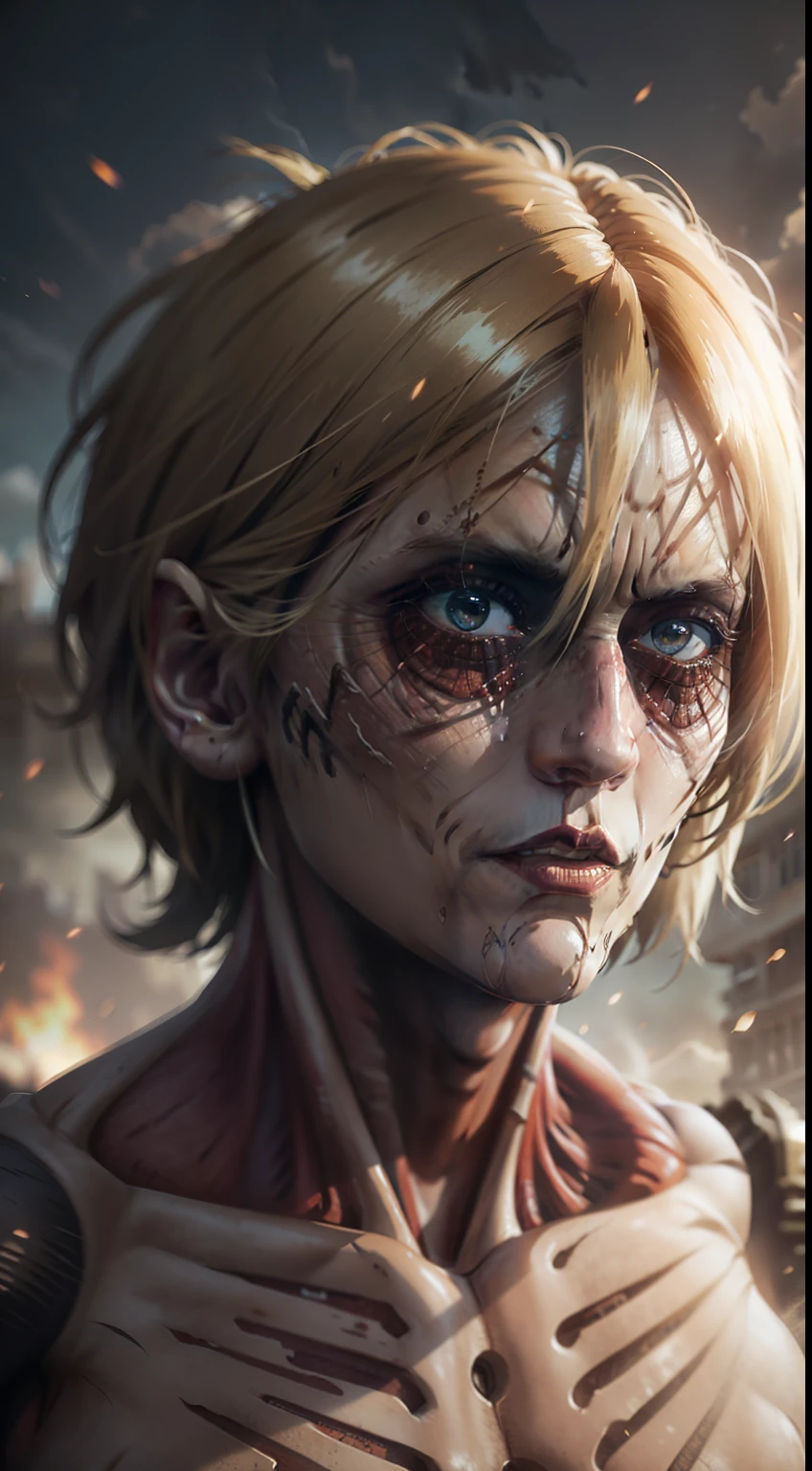 realista,textura realista, textura detalhada, 4k ,Attack on titan Annie, post apocalytic, female titan, bokeh, UHD, side lighting, ultra realistic, ray tracing, whole body, crashing, super mad, mad female titan, apocalyps, realistic titan,