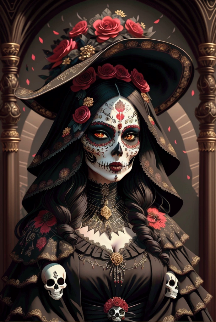 : " Generate an image of an ethereally beautiful Catrina and impressive elegance .  Her face is a masterpiece ,  with fine details of skulls and vibrant floral ornaments ,  maintaining a traditional color palette with touches of black , red, and golden.  She wears a perfectly outlined skull makeup that contrasts with her large and expressive eyes ,  enhanced by dark and seductive makeup .  Her hair is long, dark and wavy,  adorned with a wreath of fresh flowers and Mexican-style hat decorated with delicate embroidery and gold details that shine.  Her dress is a long suit of black lace and floral embroidery ,  tight to her figure and with an elegant flowing skirt .  The image must convey an air of serenity and respect ,  capturing the essence of the Day of the Dead .  hyperrealistic face , en 8K, full of fine details , photographic style,  masterpiece of dark beauty , soft and dramatic lighting. Hyper realistic and detailed, dressed very elegantly 