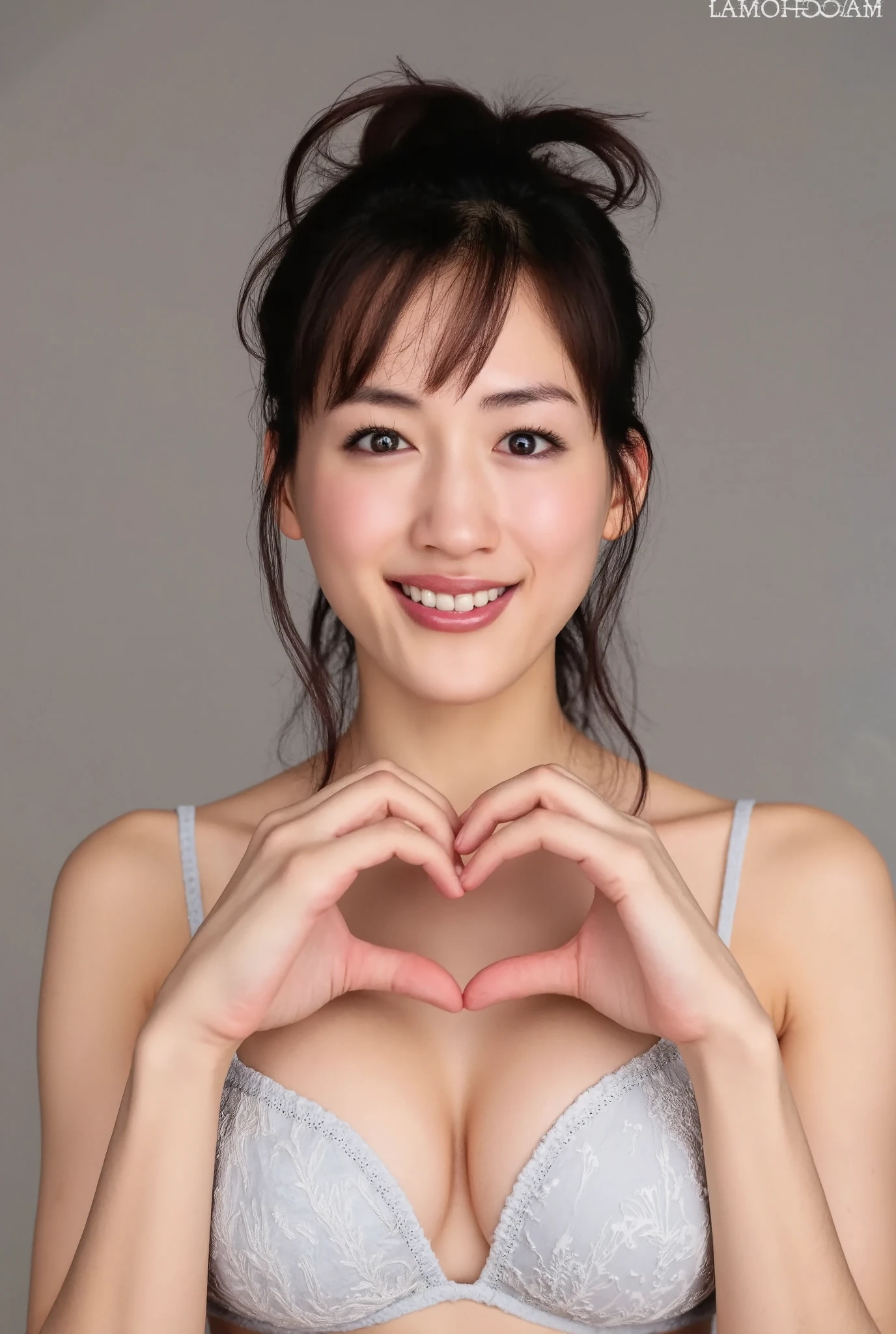 She is in a pose wearing a sexy camisole, making a firm big heart shape with both hands, and holding it in front of her chest, Cute smile up、Monotone background

