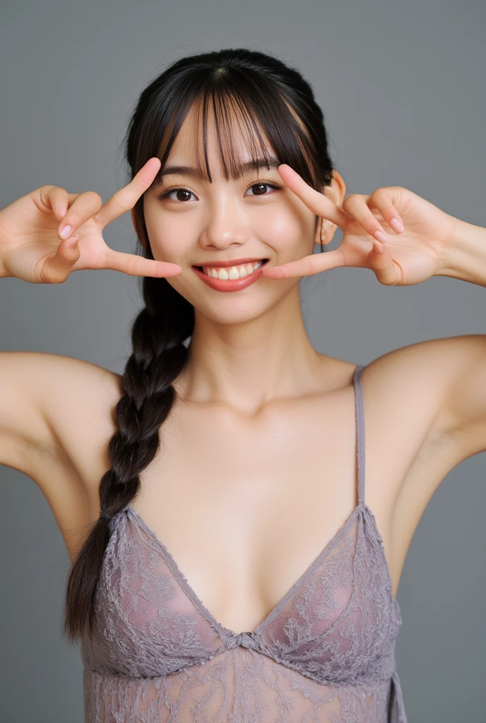 She is in a pose wearing a sexy camisole, making a firm big heart shape with both hands, and holding it in front of her chest, Cute smile up、Monotone background

