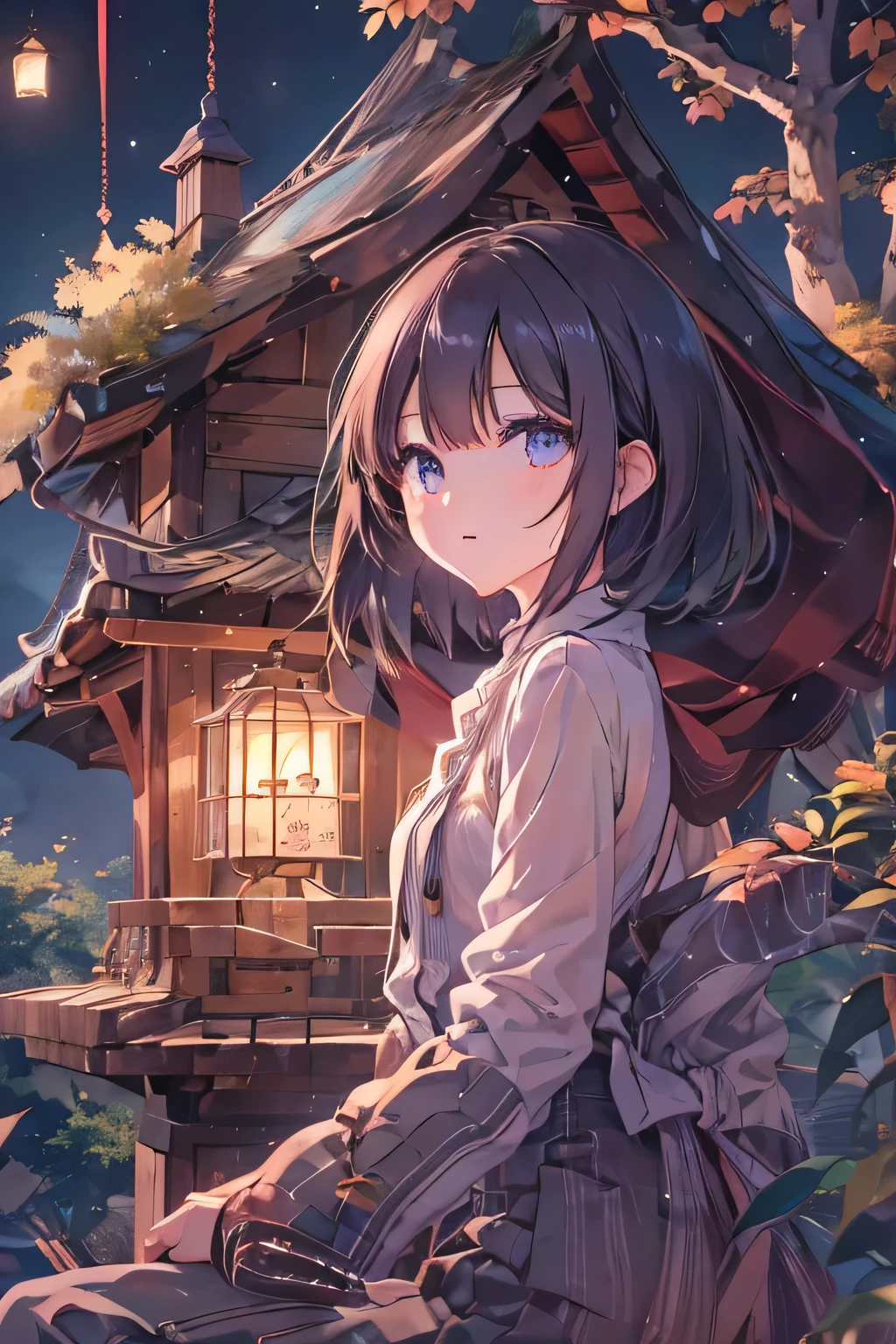 Full moon night。Forest Tree House 。Beautiful dark-haired, bob-cut girl with brown eyes looking at a panoramic view of the tree house and the forest。Beautiful eyes、Delicate eyes