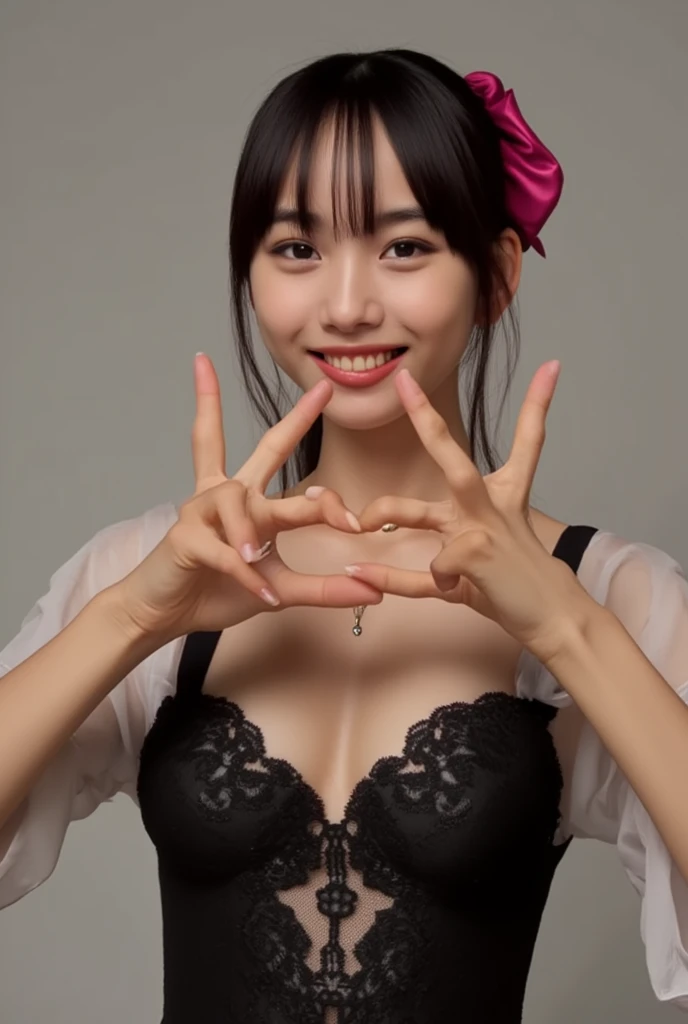 She is in a pose wearing a sexy camisole, making a firm big heart shape with both hands, and holding it in front of her chest, Cute smile up、Monotone background

