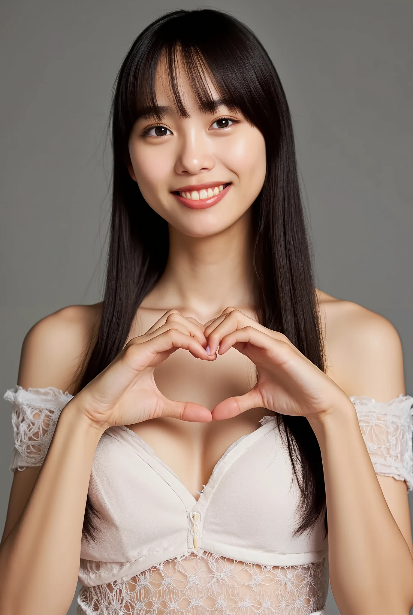 She is in a pose wearing a sexy camisole, making a firm big heart shape with both hands, and holding it in front of her chest, Cute smile up、Monotone background

