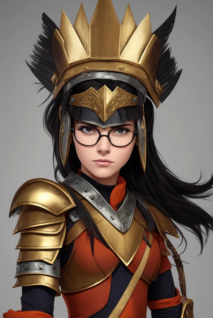 Design a creative Halloween costume for a warrior woman with black hair and glasses, featuring a unique, handmade cardboard armor. The armor should have a rugged, DIY aesthetic, with visible cardboard textures, taped edges, and hand-painted details. Include elements like a chest plate, shoulder guards, and a helmet or headpiece that adds a playful, makeshift medieval or fantasy vibe.

The outfit could be complemented with cardboard accessories such as a shield or sword, with markings that give a whimsical, heroic feel. Keep the colors natural with touches of metallic paint or bold colors for a fun, costume-like appearance. Emphasize her glasses as part of the design, maybe adding a small visor or adornment that blends with the warrior theme. Pose her with confidence, giving a fun, slightly fierce Halloween vibe. Use a white background to enhance focus on her and the unique costume details.