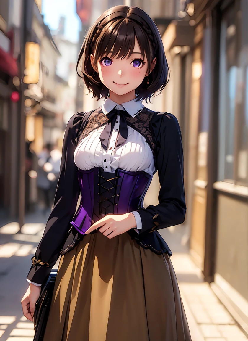  high definition,In 8K,Best Quality, Details,Semi-realistic anime,Anime 3D Style, Smooth Anime CG , one girl playing pranks,One Japanese woman,slim,Modeled, shiny brown hair,(((Short medium cut))),((Beautiful braiding)),(((Camille Corot))),((Raphael)), Detailsな顔,Beautiful and  Details,Glowing Skin,(( Female Adult)),straggling hair, Angelic Hairstyle ,( small breasts),(( deep blue-purple glowing eyes)),(((Shut your mouth.))),((Smile)), steampunk inspired motifs ), Smoky lace , (brown corset), (Long sleeve collared blouse),  black ruffles on heavy coats , (Voluminous panniers),(( long skirt ))