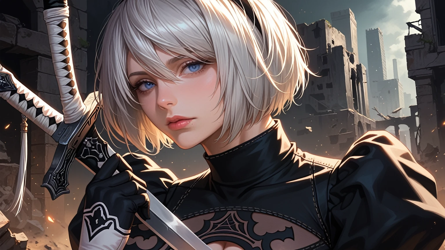 score_9, score_8_up, score_7_up,source_photo,
realistic, bright colors, high contrast, vivid lighting,
a mature adult woman draw inspiration from 2B_\(nier:automata\), 
detailed face, beautiful face, face in sharp focus,  
anatomically correct body, perfect hands, perfect fingers, 
bob cut, silver hair, black hairband, 
2B skirt, nier dress, cleavage cutout, skirt, thigh highs under boots, long sword,
dark background, city ruins, 

