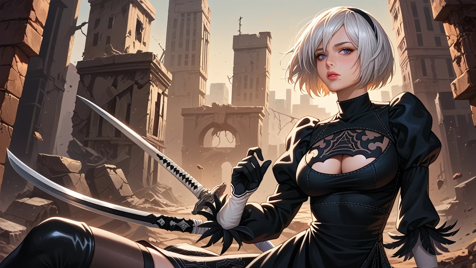 score_9, score_8_up, score_7_up,source_photo,
realistic, bright colors, high contrast, vivid lighting,
a mature adult woman draw inspiration from 2B_\(nier:automata\), 
detailed face, beautiful face, face in sharp focus,  
anatomically correct body, perfect hands, perfect fingers, 
bob cut, silver hair, black hairband, 
2B skirt, nier dress, cleavage cutout, skirt, thigh highs under boots, long sword,
dark background, city ruins, 

