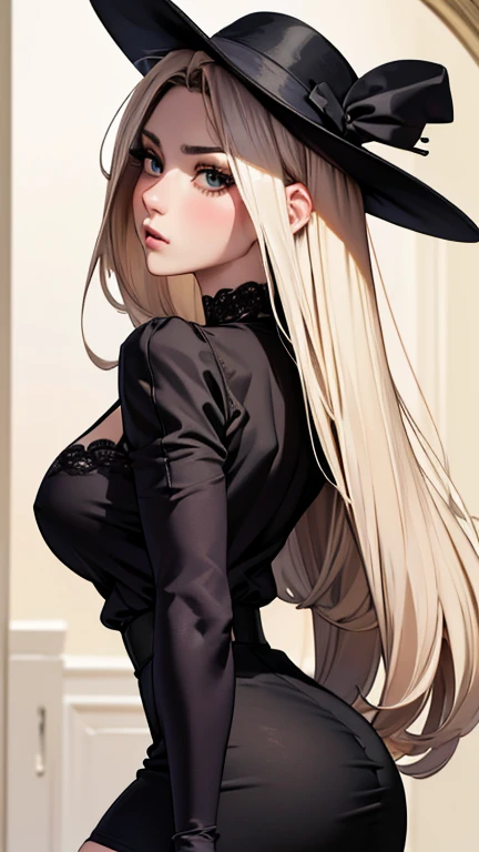 (back view Emphasis), backs, pose for photo,  from behind, pose(masterpiece, best quality:1.4), absurdres, highres, ultra detailed, beautiful, (secretary), (perfect face, detailed face, beautiful:1.3),(natural breasts, cleavage), glasses, collarbone, fingerless gloves, gloves,spaghetti strap top, black pencil skirt, tight, over the knee skirt, hat, elegant secretary outfit, thighhighs, thick thighs, thighs, multiple belts, More detailed 8K.motor irreal:1.4,UHD,La mejor calidad:1.4, fotorrealista:1.4, textura de la piel:1.4, obra maestra:1.8,obra-prima, mejor calidad, (detailed face features:1.3),(manos detailed)