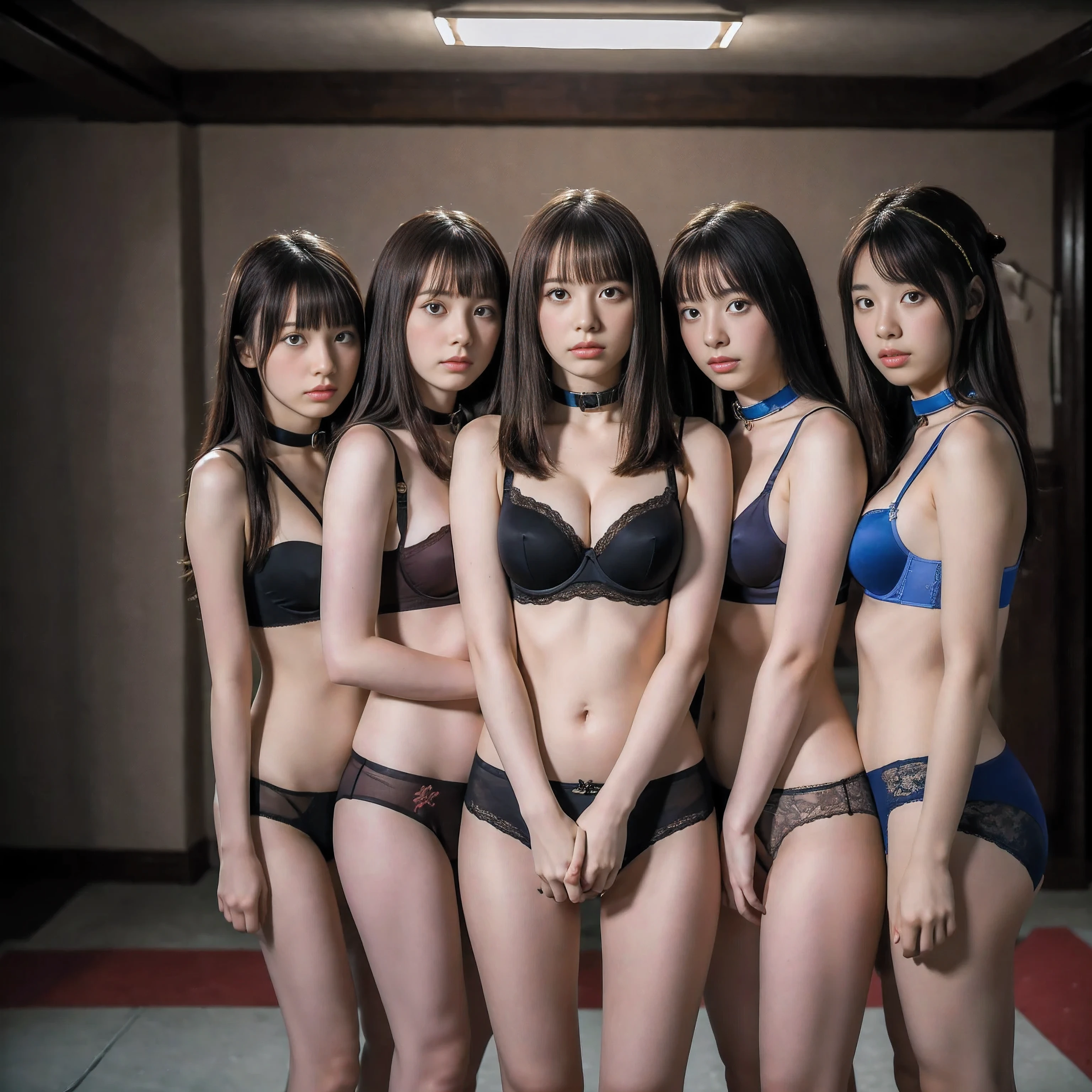 (4k picture, high quality, high quality, masterpiece), (basement, 5 girls), beautiful girls trapped in a dictatorship, brainwashed and sexually enslaved by the dictator, (collar around neck, bra, panties), gather before me and look at me