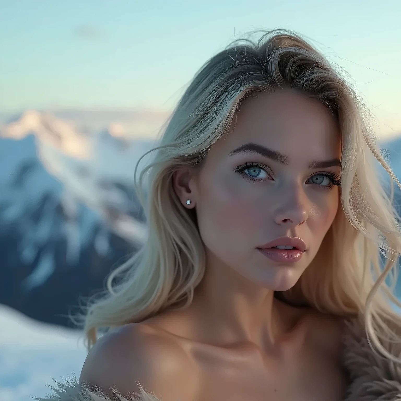  blonde woman in fur coat posing in front of snowy mountains, 8k soft portrait photo, Anton Fadeev 8 K,  beautiful Nordic woman , beautiful blonde girl, Karol behind uhd,  photo of a beautiful woman, Beautiful blonde woman, , beautiful model girl, beautiful female model,  cream colored, beautiful model girl,  stunning and beautiful woman 