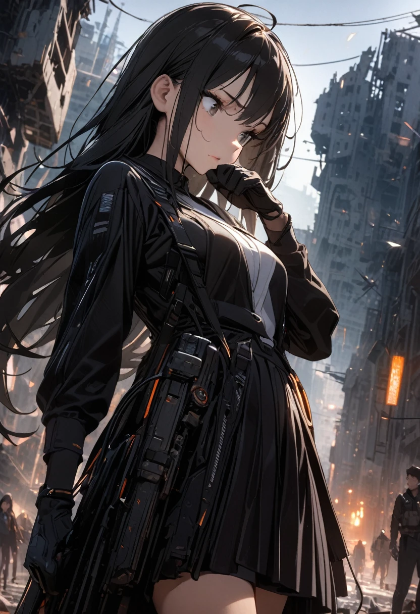 1girl,black hair,long straight hair,messy hair,destroyed city,upper focus,tigh straps,layered clothes,backlight,nitz,walking,skirt,cable,sky,almost tactical,the eyes is looking to down,calm expression,intricate detail,cinematic,black machanical glove,detailed hair texture,(masterpiece:1.3),(beautiful detailed face:1.1),4K UHD,perfect anatomy, hand pose covering face