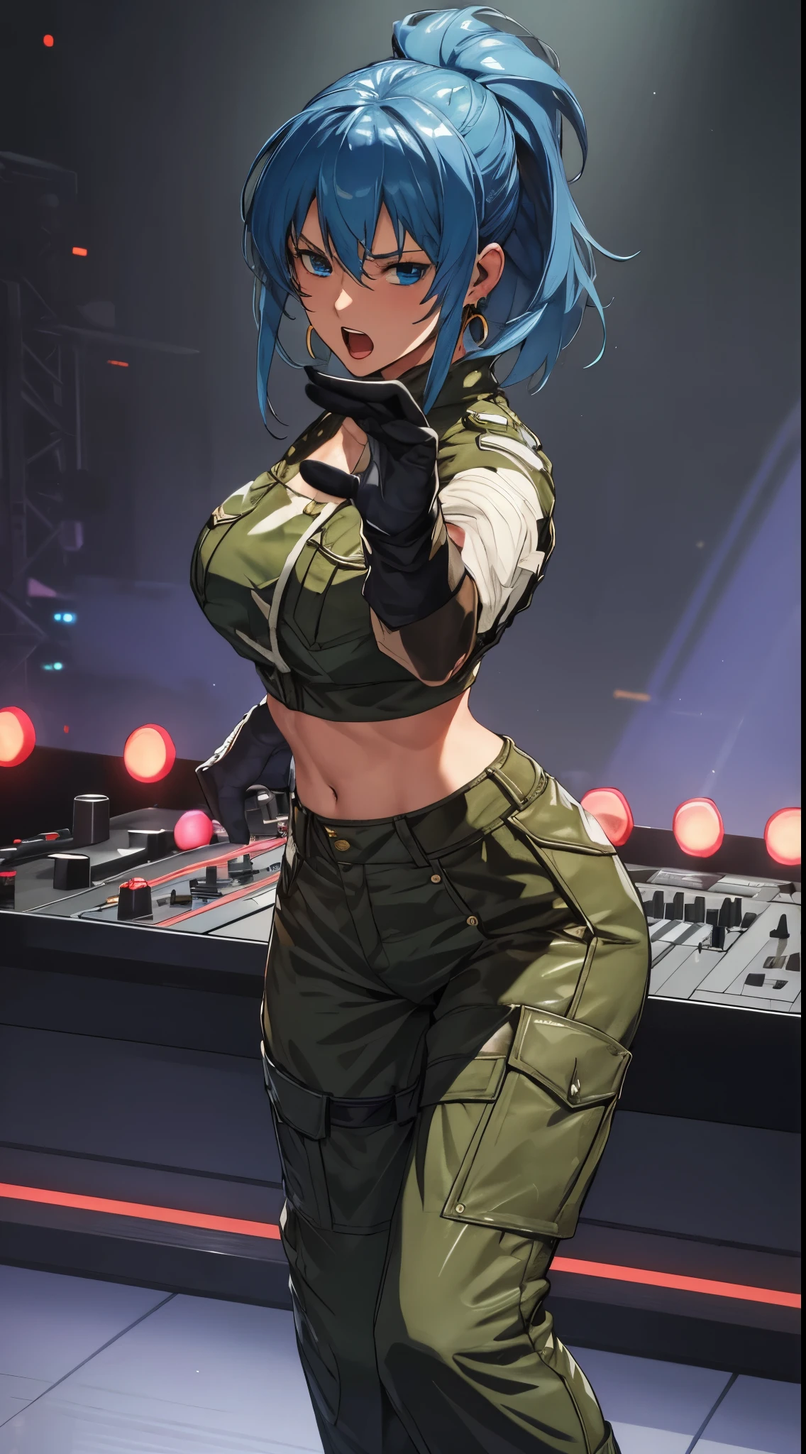 masterpiece ,, Best quality, highres, 1 girl, Leona Heidern, blue hair, Blue eyes, collect, pantalones cortos greens , Diafragma, crop top, black gloves, breasts, Military Uniform, green, earrings, jewelry, belly button, large breasts, cowboy shot, Playing DJ at a concert, microphone in hand, Open mouth, singing, colored lights, full body , breasts enormes
