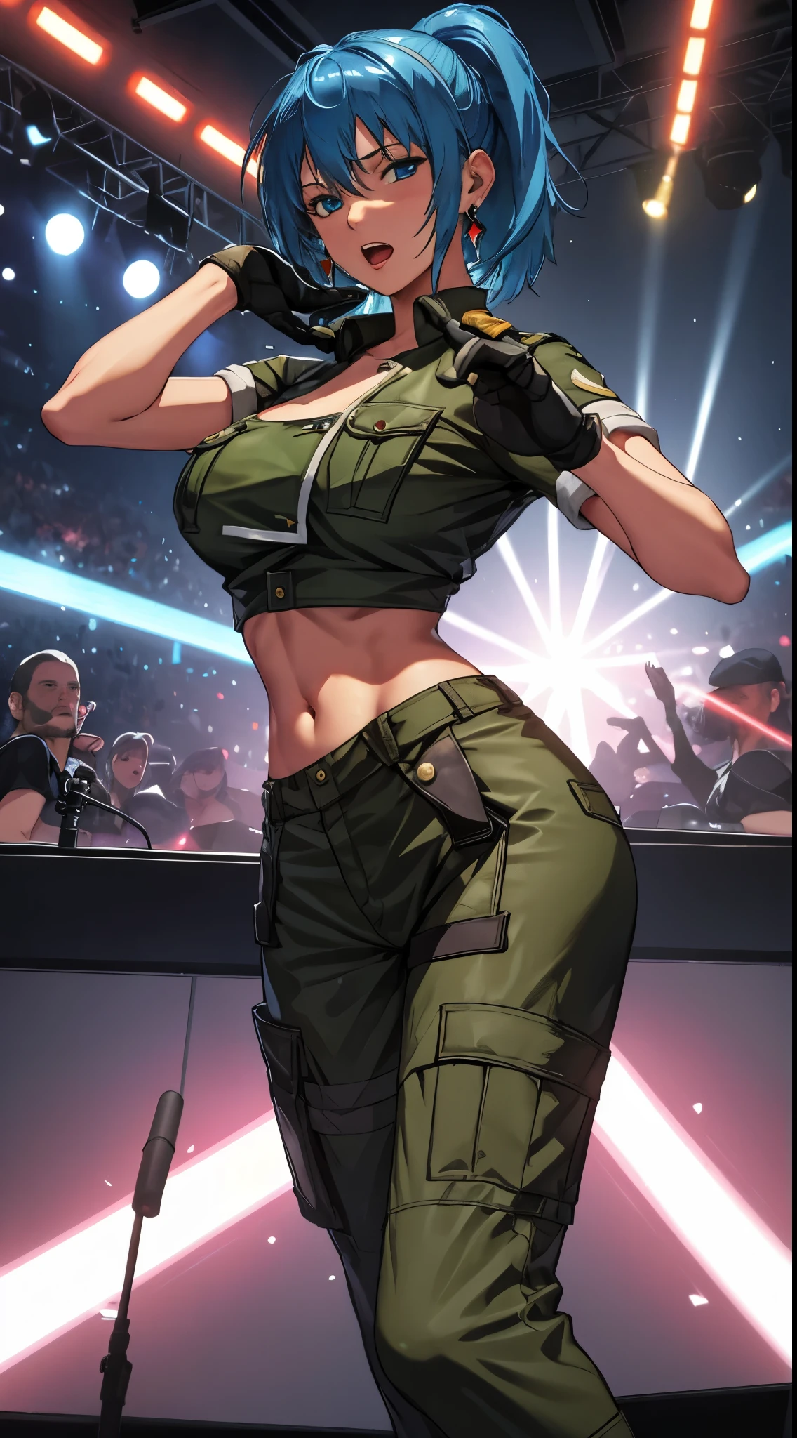 masterpiece ,, Best quality, highres, 1 girl, Leona Heidern, blue hair, Blue eyes, collect, pantalones cortos greens , Diafragma, crop top, black gloves, breasts, Military Uniform, green, earrings, jewelry, belly button, large breasts, cowboy shot, Playing DJ at a concert, microphone in hand, Open mouth, singing, colored lights, full body , breasts enormes, a lot of people around, Dynamic lights